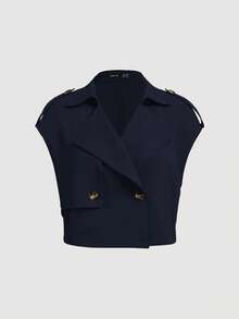 SHEIN MOD Áo gió ngắn không tay vải lanh thanh lịch đa năng màu xanh nước biển cỡ lớn - Màu xanh hải quân - Xem 5