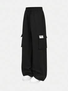 SHEIN 青少年女孩休闲针织高领长袖上衣和宽松工装口袋裤套装，非常适合秋冬街头穿着，周末休闲外出，母子装，青少年装，黑色青少年装，黑色工装裤套装，返校服装 - 黑色 - 查看 14