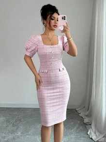 Elenzga 泡泡袖方领收腰紧身优雅浪漫女士连衣裙 - 彩色 - 查看 7