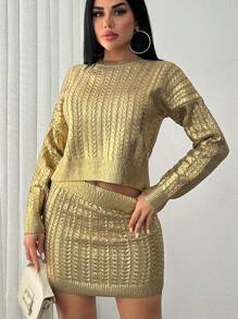 EURMUSE Women's Gold Foil Printed Circular Cable Knit Long Sleeve Beige And Gold Pattern Sweater Pullover And Knit Mini Skirt 2 Pieces Set,Petite Co Ord,Co Ord,Petite,Winter Clothes - Beige - View 5