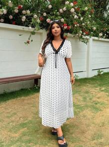 SHEIN EZwear 大码波尔卡圆点印花蕾丝边休闲连衣裙 - 白色 - 查看 5