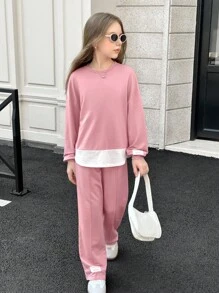 青春期女孩粉色、旅行、春夏、假期、返校节、休闲针织拼布、编织标记、圆领长袖上衣和裤子套装、返校毕业服装 - 粉色 - 查看 7