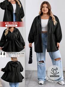 SHEIN CURVE+ Curves Plus Size/Chool Clothes/Back To School Clothes /Back To SchoolPlus Size Women's Autumn Zip-Up Drawstring Waist Hooded Black Jacket Plus Size Jacket Plus Size Plus Size Shirts 8xl Women Clothes Plus Size Black Jacket,Fall Clothes For Womenfall Clothes For Women,Winter,CURVE PLUS