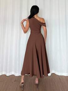 Elenzga 女士优雅奢华正式长裙，不对称肩部，褶皱细节，A 字形，拉链开合，适合万圣节、圣诞节、国庆节、新年派对、毕业典礼、婚礼，棕色 - 咖啡 - 查看 2