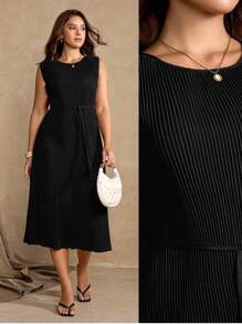 Roveilla Rochie lungă elegantă pentru femei, mărime plus, cu guler rotund, talie strânsă, fără mâneci, stil navetist