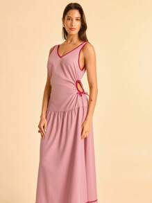 CAJUNI Contrast Color V-Neck Hollow Out Casual Summer Sleeveless Dress - Dusty Pink - View 1