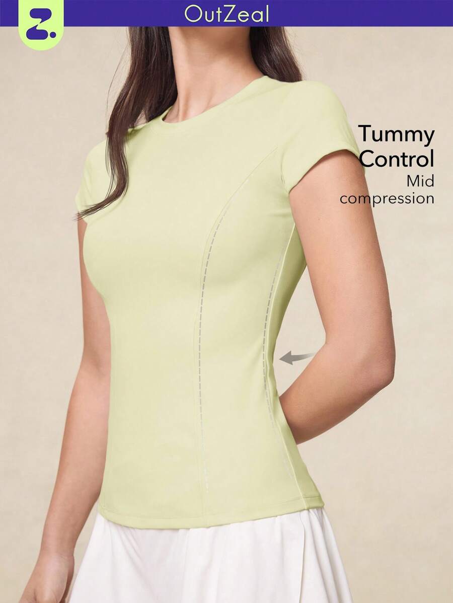 OutZeal 女士运动上衣 黄色纯色夏季春季健身瑜伽休闲吸汗收腹速干柔软圆领紧身T恤 - 黃色 - 查看 1