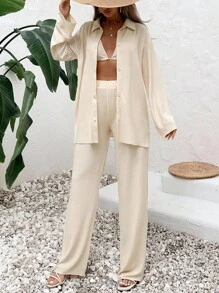 ZIRRA 3 件套女士纯色落肩长袖纹理面料衬衫和阔腿裤套装 - 杏色 - 查看 6