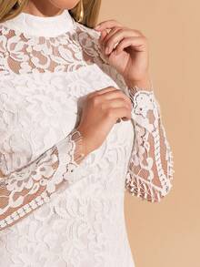 Amorya Women's Elegant Lace Trim Hem Dress, New Arrival Autumn, White Lace Sleeve Dress White Lace Dress White Cocktail Dress Lace Dress Women White Lace Mini Dress White Party Dress  Dirndl    Homecoming Dress White Long Sleeve Lace Dress White Dress Chic Autumn - White - View 8