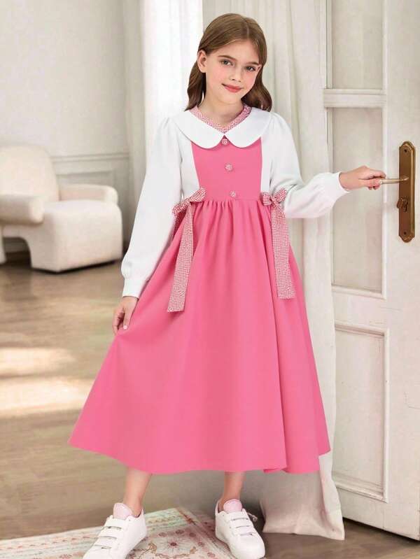 Girls' Plaid Patchwork Dress,Pink And White,Autumn,Elegant,Party,Button Decor,Bow Accent,Hidden Zipper Back,Fashion Versatile For School Clothes