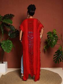 Maweii 大码女式毛衣女士时尚度假流苏镂空超长开衫白色优雅 - 紅色 - 查看 4