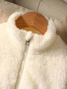 Young Girls' Solid Color Fleece Zip-Up Stand Collar Winter Coat Fall - Beige - View 3