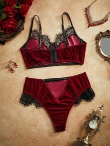 PinupPomp Sexy Contrast Color Lace Patchwork Underwire Bra And Panty Set - Burgundy - View 2