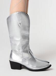 ROMWE Grunge Punk Women's Gothic Punk Rock Silver Pointed Toe V-Cut Western Boots, Chunky Heel Riding Boots, Halloween - Silver - View 4