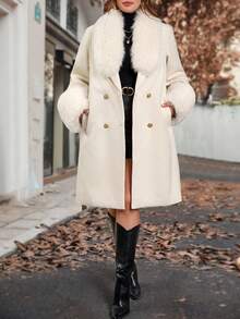 Reflora White Elegant Semi Formal Curvy Plus Size Women's Furry Collar Double-Breasted Overcoat,Warm Soft Long-Sleeved Overcoat With Inner Pockets,Autumn 2025 - Apricot - View 7