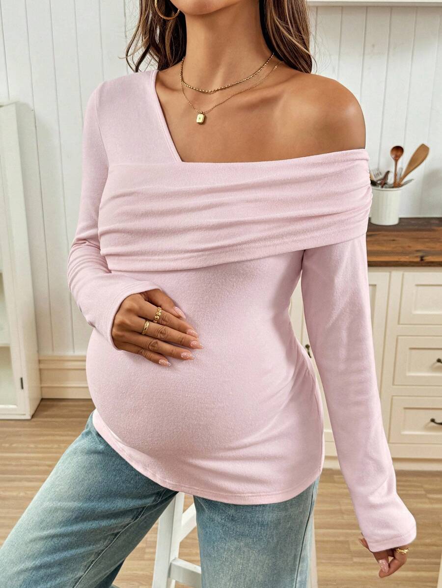 SHEIN Autumn And Winter Maternity Casual Solid Color Oblique Shoulder Long Sleeve T-Shirt - Pink - View 1