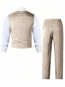 SHEIN 2 件套青少年男孩绅士装，包括灰色修身背心 + 休闲长裤，优雅正式服装，适合生日、婚礼、毕业典礼、派对、婚礼嘉宾、花童、戒指男孩 - 卡其色 - 查看 2