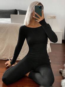 DAZY 蕾丝拼接蝴蝶结装饰修身女士睡衣套装，秋季服装 - 黑色 - 查看 3