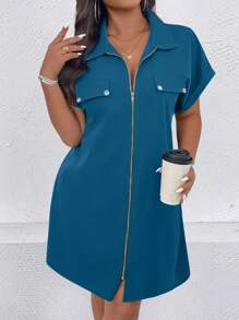 SHEIN LUNE Plus Size Women's Solid Color Batwing Short Sleeve Zipper Front Casual Dress