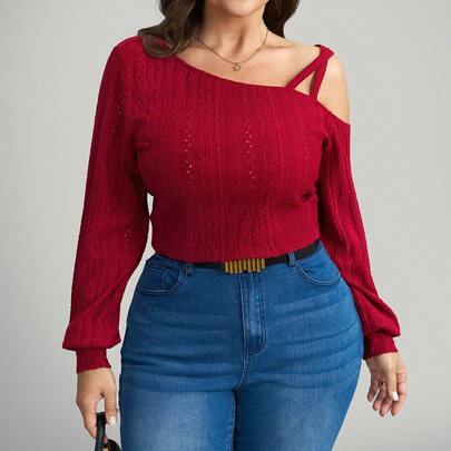 플러스플러스 사이즈 여성 텍스처드 캐주얼 솔리드 컬러 비대칭 칼라 티셔츠