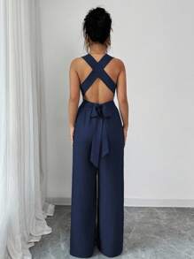 Selianne 女式 V 领系腰阔腿连体裤，蓝色，休闲夏季服装 - 藏蓝色 - 查看 2