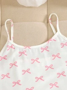 SHEIN 3pcs Tween Girls Casual Knit Pajama Set, Pink Cute Bow Print Camisole, Long Pants & Shorts - Baby Pink - View 6