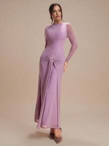 Modelyn Metal Decor Knit Comfortable Daily Party Elegant Vacation Dress, Long Sleeve - Purple - View 1
