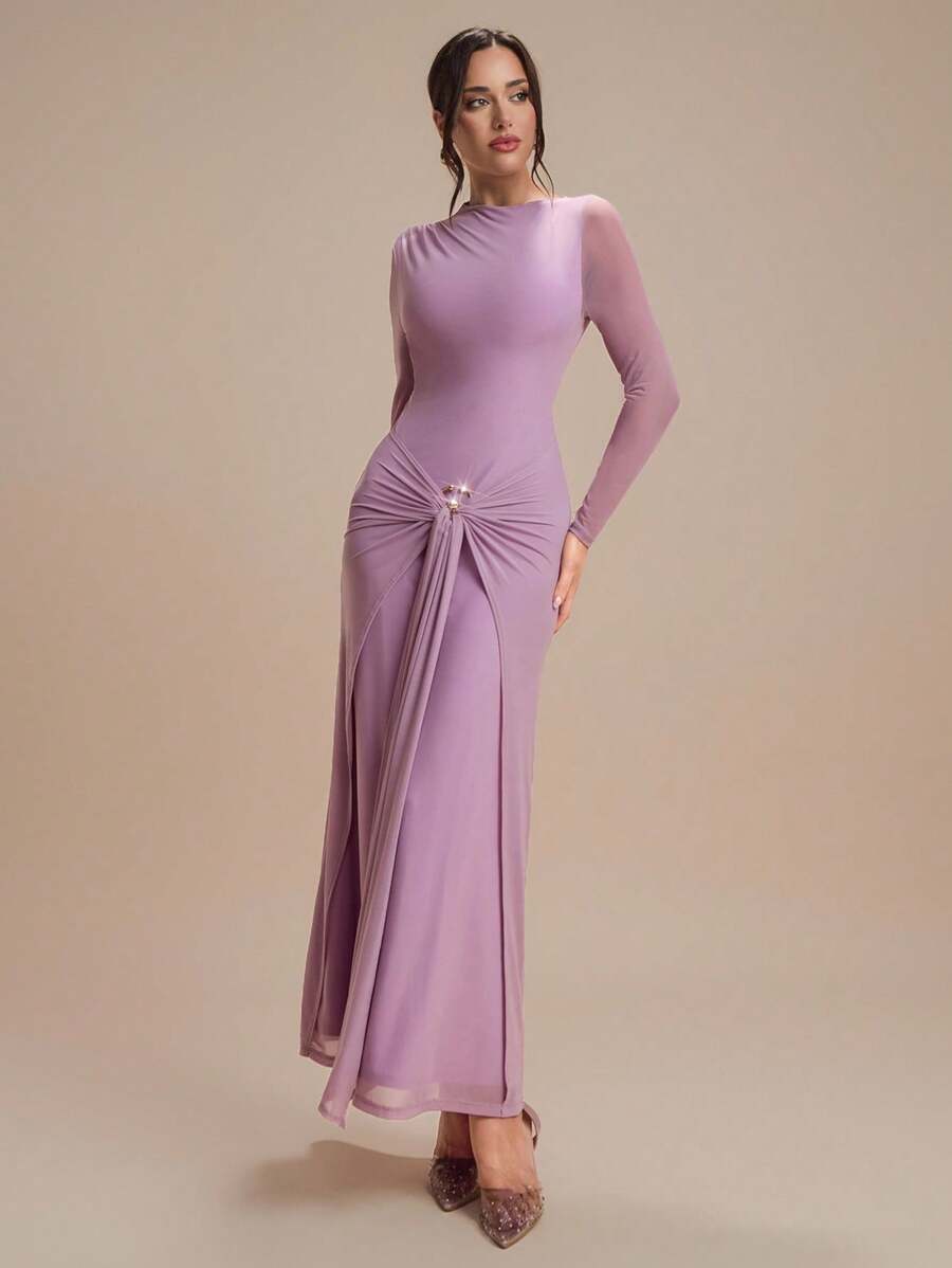 Modelyn Metal Decor Knit Comfortable Daily Party Elegant Vacation Dress, Long Sleeve - Purple - View 1
