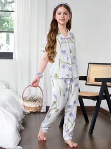 青少年女孩短袖休闲单排扣花卉印花泡泡褶睡衣套装，夏季 - 彩色 - 查看 1