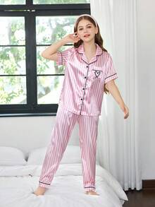 仿丝条纹翻领开衫睡衣，适合少女穿着，粉色睡衣套装，条纹睡衣，女童睡衣套装 - 紅白色 - 查看 3