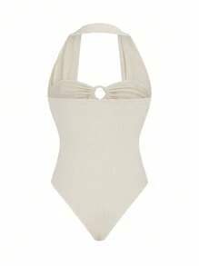 Elenzga 法式奶油纹理条纹夏季甜辣款 Bralette 风格细肩带露背紧身衣，适合海滩度假穿着 - 杏色 - 查看 2