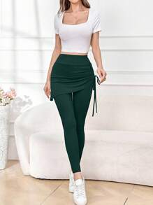Modelyn Women's Solid Color Drawstring Design Patchwork Casual Leggings Fall Cloth For Women - Dark Green - View 6