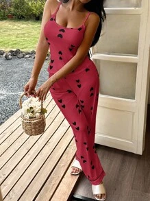 SHEIN 女士心形印花针织吊带背心和休闲裤睡衣套装，四季舒适 - 西瓜粉 - 查看 6