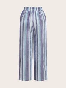 SHEIN Essnce 3 件套女士休闲腰带口袋直筒裤套装，适合夏季，条纹面料 - 彩色 - 查看 11