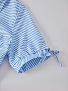 SHEIN Explorewe Teen Girl Turndown Collar Button Puff Sleeve Casual Fashion Shawl Collar Blouse Blue Striped Shirt Girls Preppy Blue Shirt