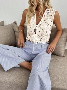 Pariaura Women's Lace Hollow Embroidered Sleeveless Elegant Top Clothes For University - Apricot - View 6