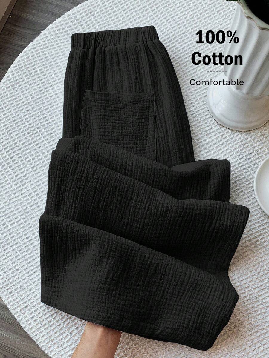 Comfortcana Celana Longgar Chiffon Warna Polos untuk Liburan Kasual Musim Panas - Hitam - View 1