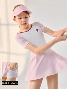 JNSQ Back To School Tween Girl Sporty Short Sleeve Dress, Kids' Color Block Round Neck Outdoor Sports Short Sleeve Dress, Suitable For Autumn Daily Wear, Outdoor Activities, Vacation, Streetwear, Party And Leisure - Red and White - View 11