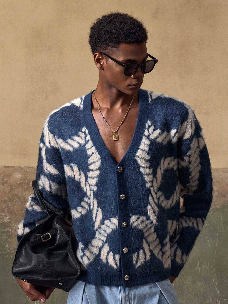 Áo len cardigan nam AKNOTIC thời trang thường ngày - Nút rộng - Vải jacquard tương phản - Có thể giặt bằng máy hoặc giặt khô - Phù hợp cho mùa thu/đông - Màu xanh hải quân - Xem 4