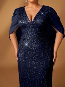 Serin Đầm dạ hội voan đính cườm sang trọng cổ chữ V thanh lịch lãng mạn cỡ lớn cho mẹ - Màu xanh hải quân - Xem 6