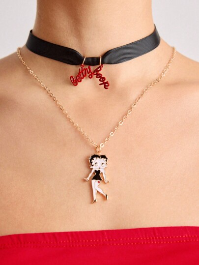 Betty Boop | ROMWE Letter Pattern Choker & Necklace Set, Fashion
