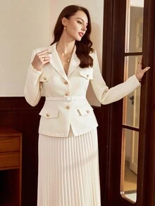 Vintamour 复古经典优雅女士西装套装春夏合身口袋翻盖西装外套腰带百褶裙长袖西装套装秋冬米色西装套装 - 米色 - 查看 7