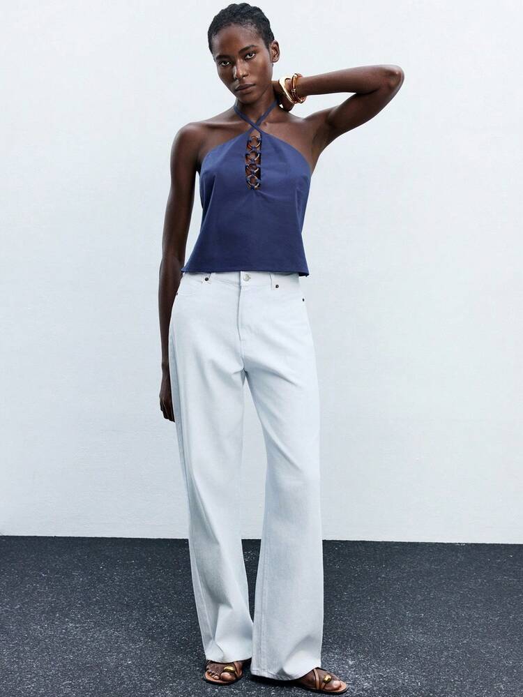 SHEIN Maija 2025 Winter Navy Blue Amber Acrylic Round Ring Design Halter Tie Bow Top, Elegant Urban Commute Everyday Romantic Casual 90s Christmas New Year, Thanksgiving Party, Beach Graduation Fashion, Suitable For Wedding Guest, Host, Date, Party, Concert, Brunch, Airport, Multi-Occasion