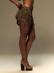 MUSERA Knitted Layered Fray Mini Skirt Summer, Vacation, Festival, Y2k Ibiza Beach Holiday Rave  Fall Winter  Winter Elegant Party Evening New Years Party - Brown - View 3