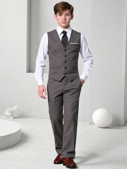 SHEIN 2pcs Teen Boy Gentleman Suit Set, Including Contrast Color Chest Pocket Fitted Vest And Stylish Trousers, Elegant Formal Outfit For Birthday, Wedding, Wedding Guest, Pageboy, Ring Bearer