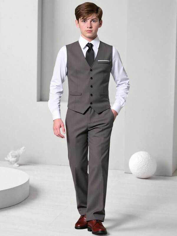 SHEIN 2pcs Teen Boy Gentleman Suit Set, Including Contrast Color Chest Pocket Fitted Vest And Stylish Trousers, Elegant Formal Outfit For Birthday, Wedding, Wedding Guest, Pageboy, Ring Bearer