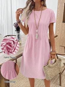 EMERY ROSE 女装夏季休闲条纹圆领连衣裙粉色条纹夏装短袖夏装夏季休闲连衣裙女度假连衣裙纯棉夏装 - 粉色 - 查看 11