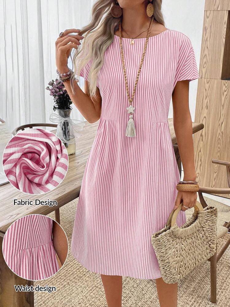 EMERY ROSE 女装夏季休闲条纹圆领连衣裙粉色条纹夏装短袖夏装夏季休闲连衣裙女度假连衣裙纯棉夏装 - 粉色 - 查看 11