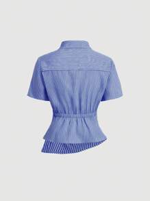 SHEIN MOD Áo sơ mi nữ cỡ lớn màu xanh navy sọc trắng cổ bẻ không đối xứng, thắt eo - Xanh đậm - Xem 2