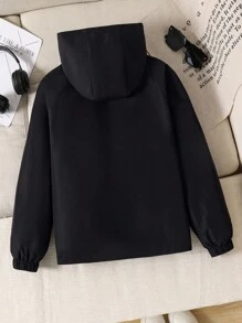 Tween Boy 休闲运动时尚连帽夹克，梭织面料，松紧袖口，前片拼接，宽松版型，舒适，适合春季、秋季、日常穿着、户外、聚会、拍照 - 黑色 - 查看 7